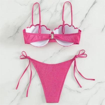 Pink Shell Design Padded Bikini With Tie Strings on Luulla