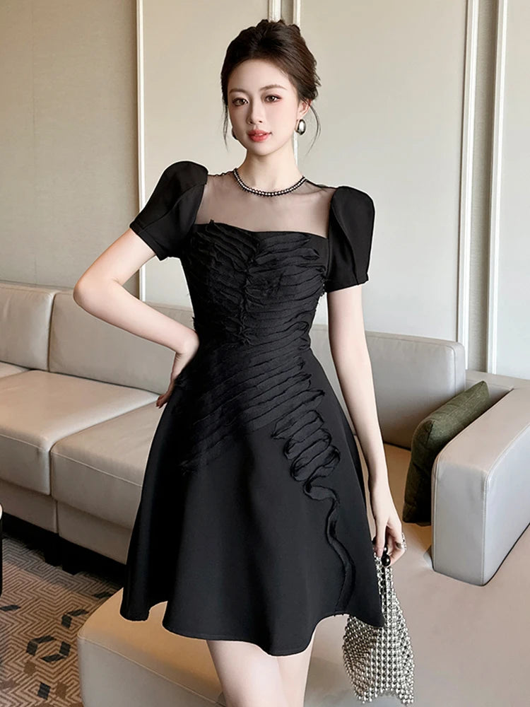 Black Mesh Short Sleeve Cocktail Party Dress
