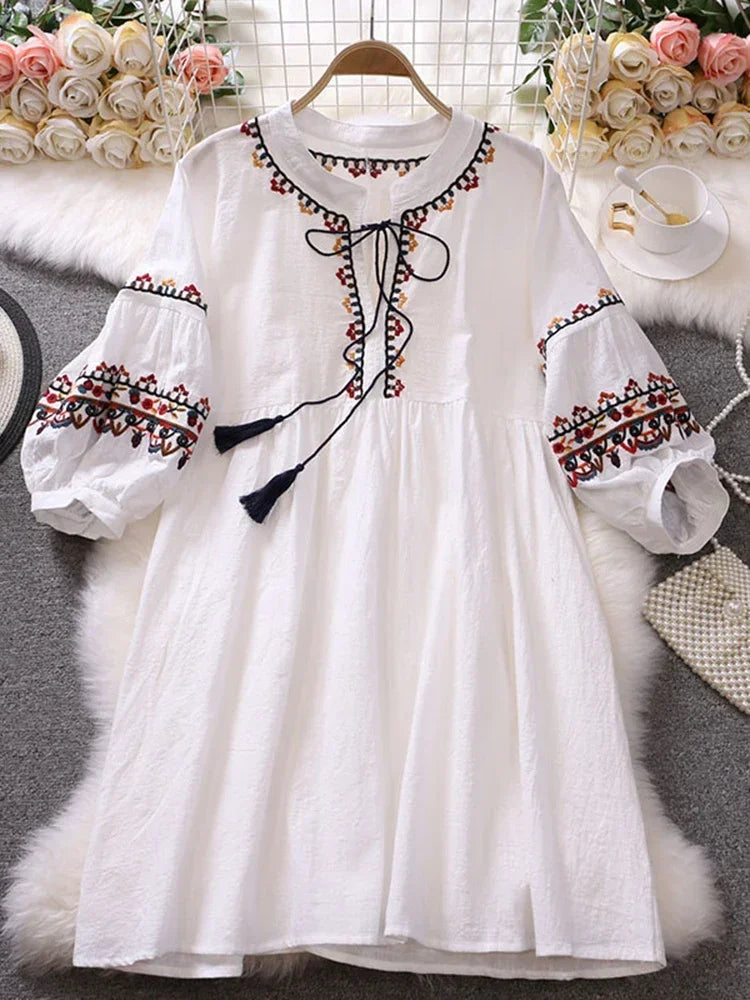 Embroidered Boho White Dress With Tassel