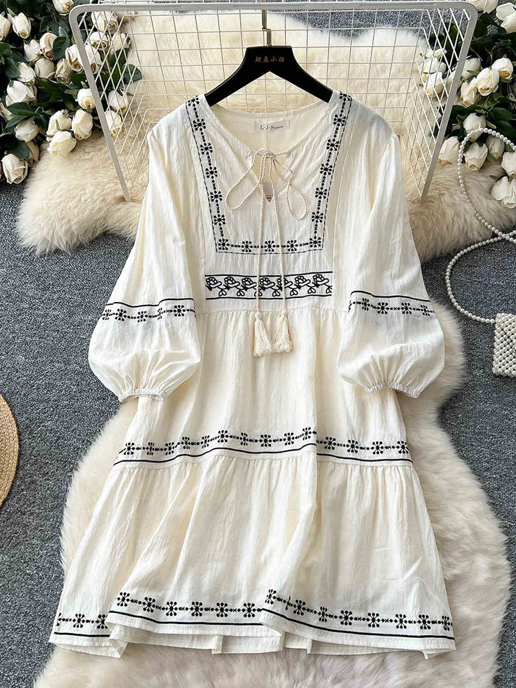 Boho White Dress With Black Embroidered Accents on Luulla