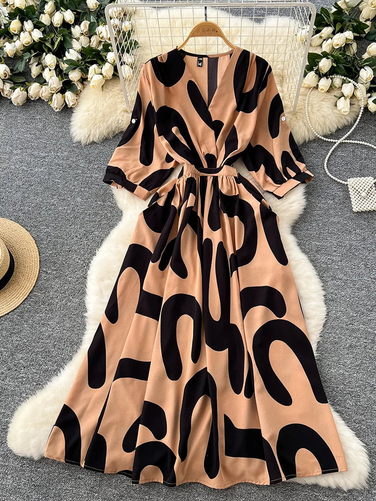 Chic Long Sleeve V-neck Patterned Maxi Dress on Luulla