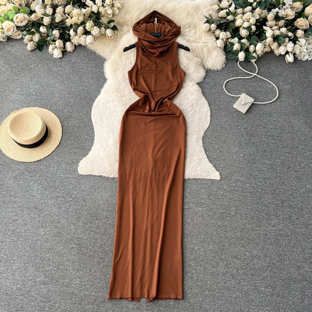Sleeveless Brown Cowl Neck Maxi Dress on Luulla