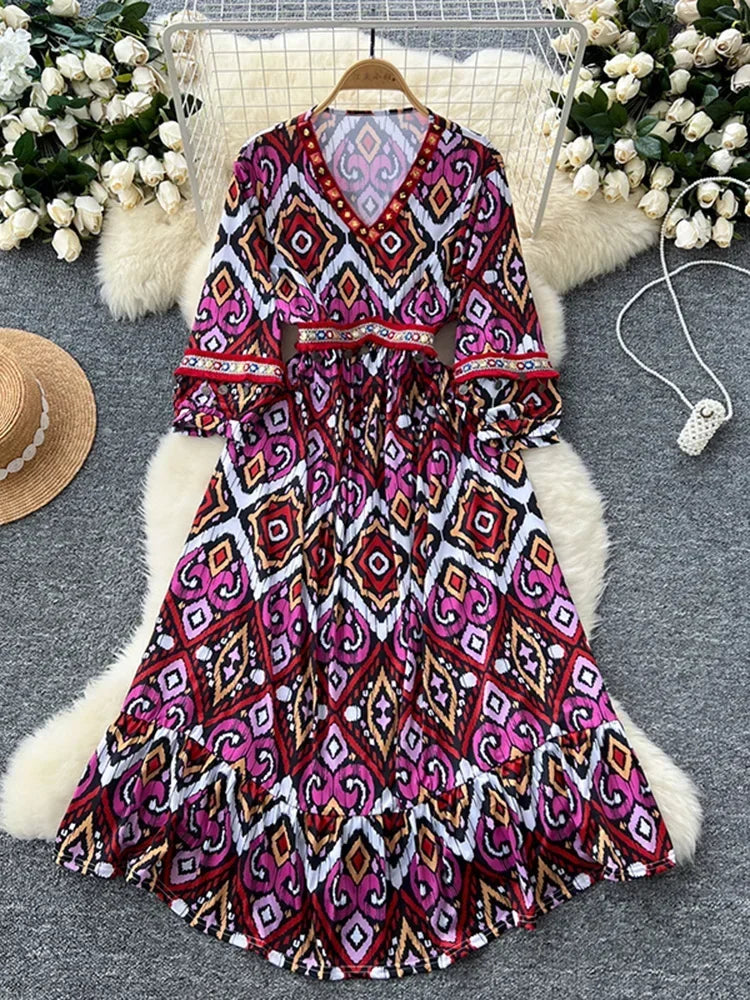 Vibrant Bohemian Maxi Dress With Flared Sleeves