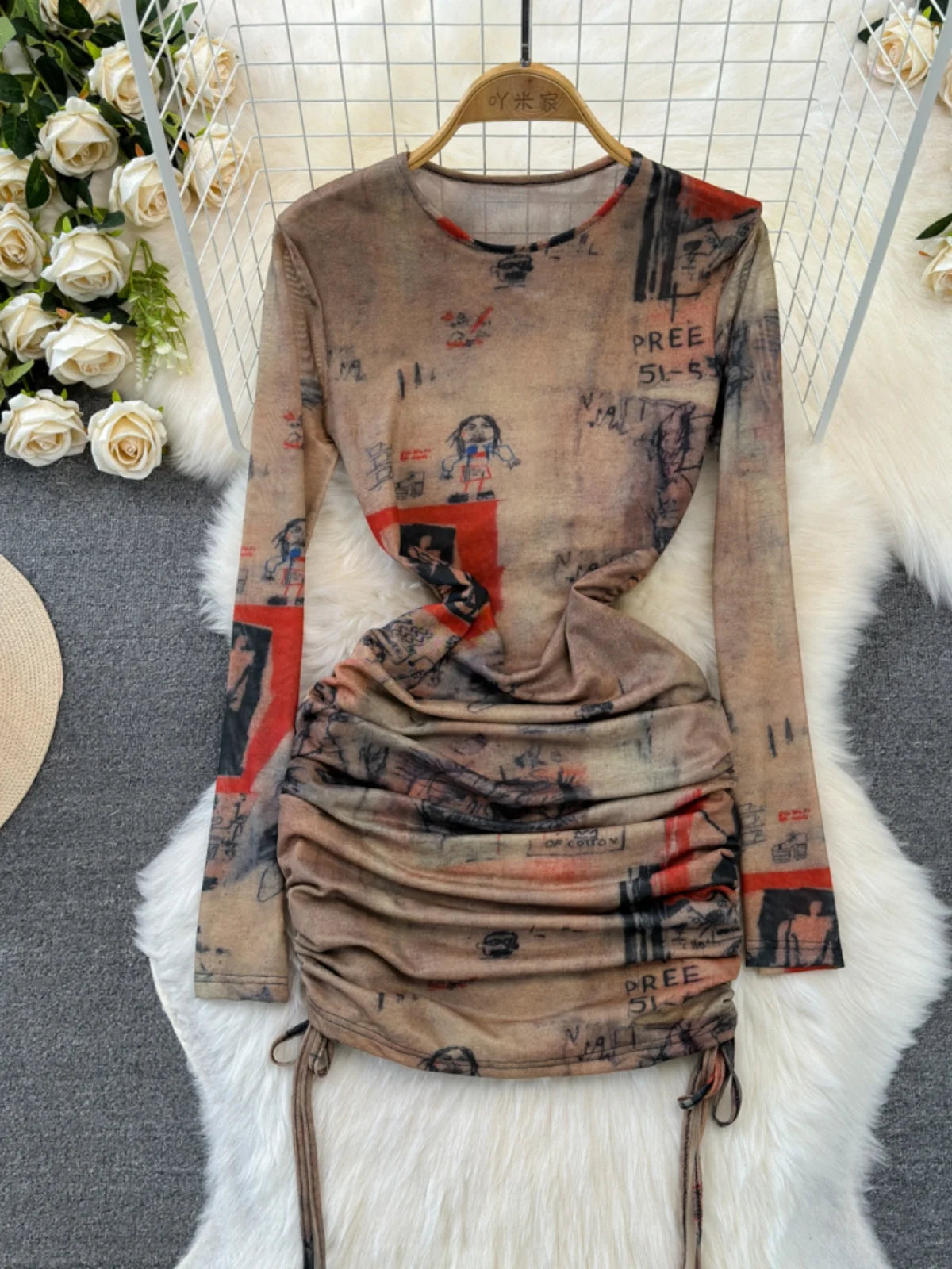 ruched bodycon dress casual Abstract Print Ruched Bodycon Casual Dress