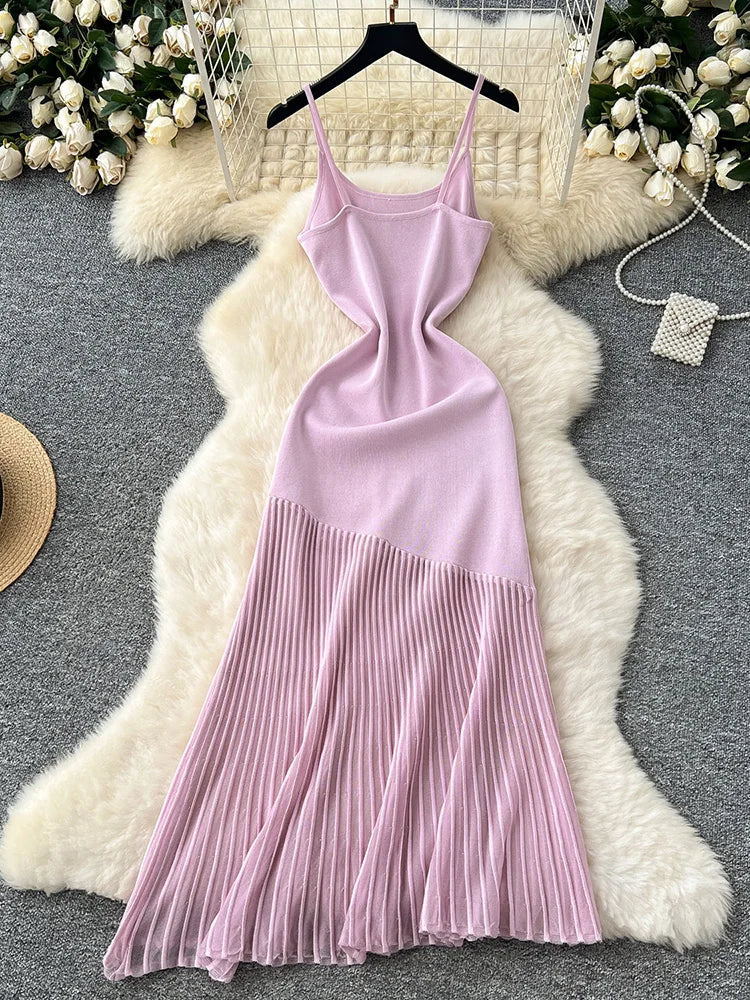 Lavender Pleated Knit Maxi Dress With Straps on Luulla