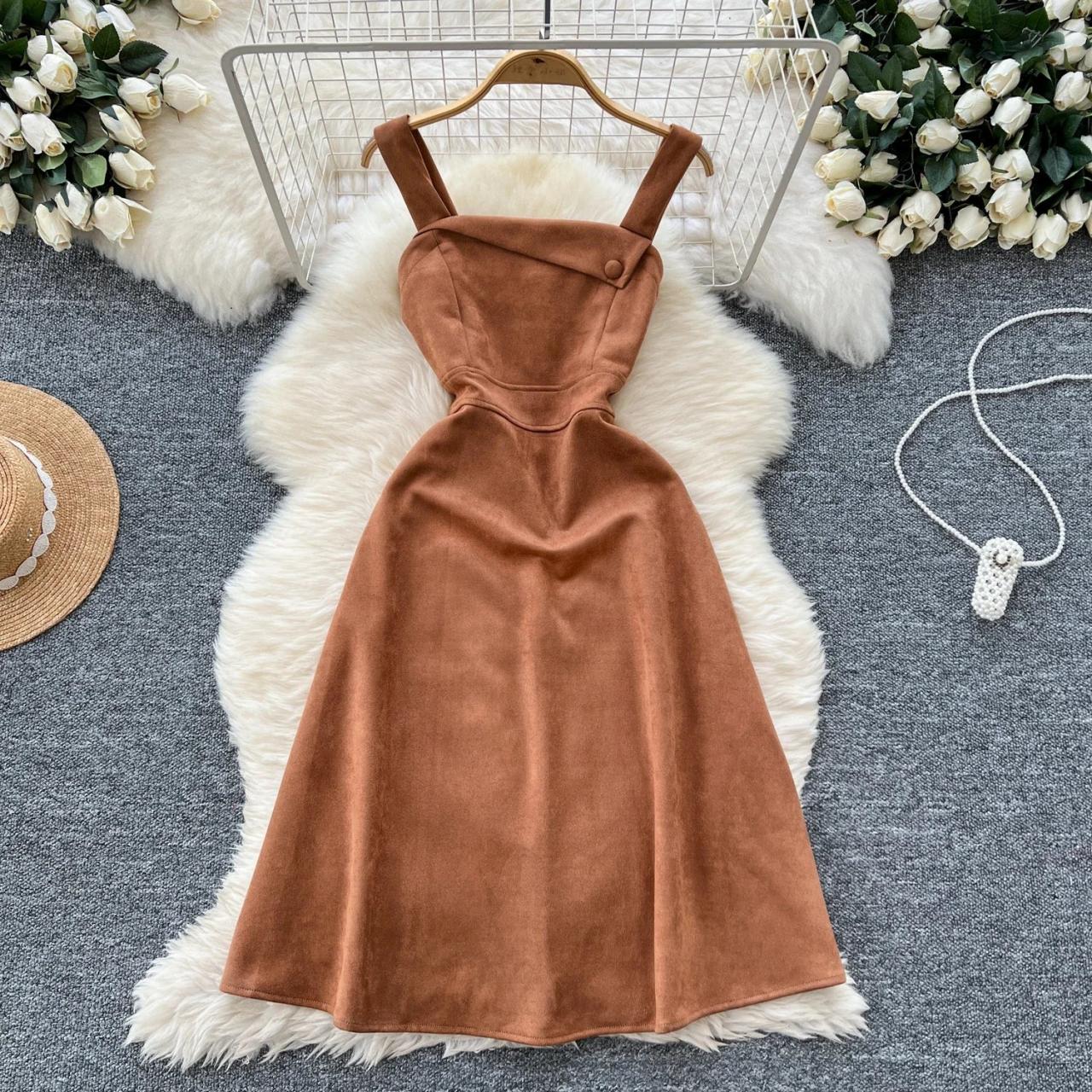 Sleeveless Brown Corduroy Dress With Buttoned Straps