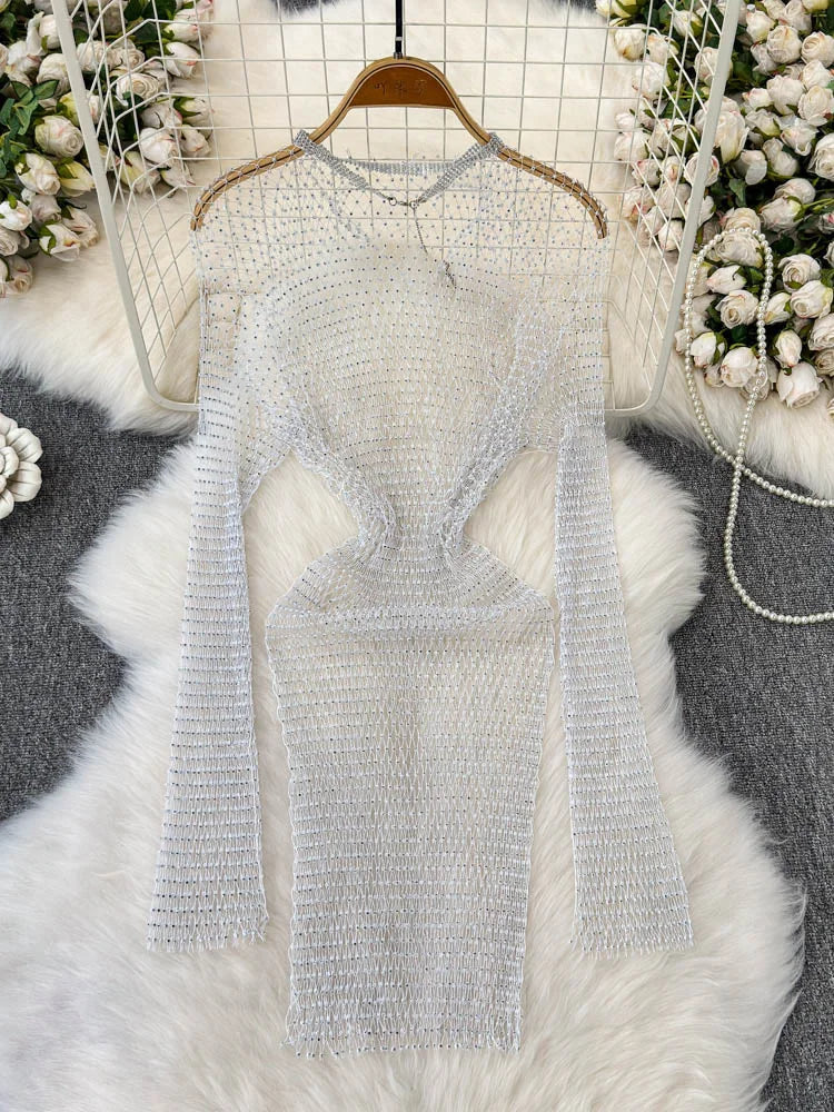 Glitzy Long Sleeve Hollow Out Mesh Dress
