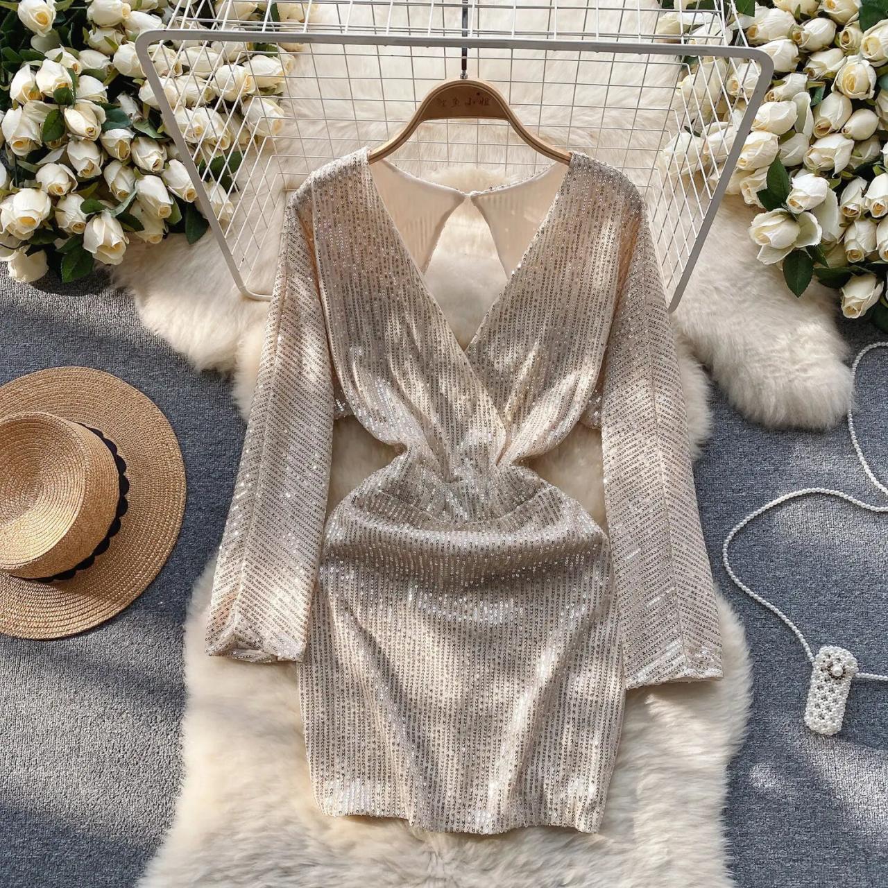 gold long sleeve bodycon dress Long Sleeve Metallic Jersey Mini Dress in Light Gold - 6