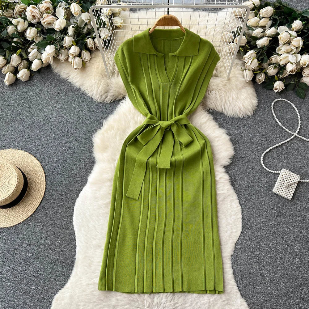 Soft Belted Green Knit Collared Midi Dress