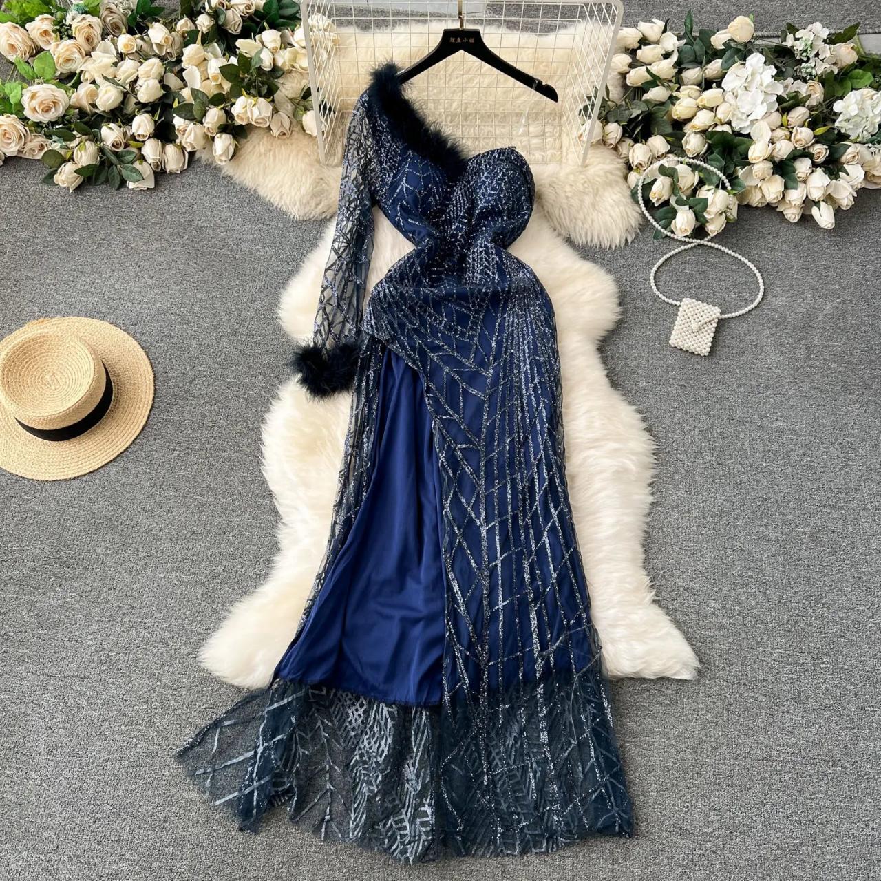 Asymmetric One-sleeve Evening Gown With Feathered Detailing on Luulla