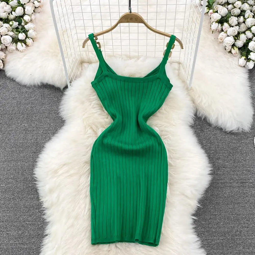 Ribbed Green Knit Dress With Adjustable Straps on Luulla