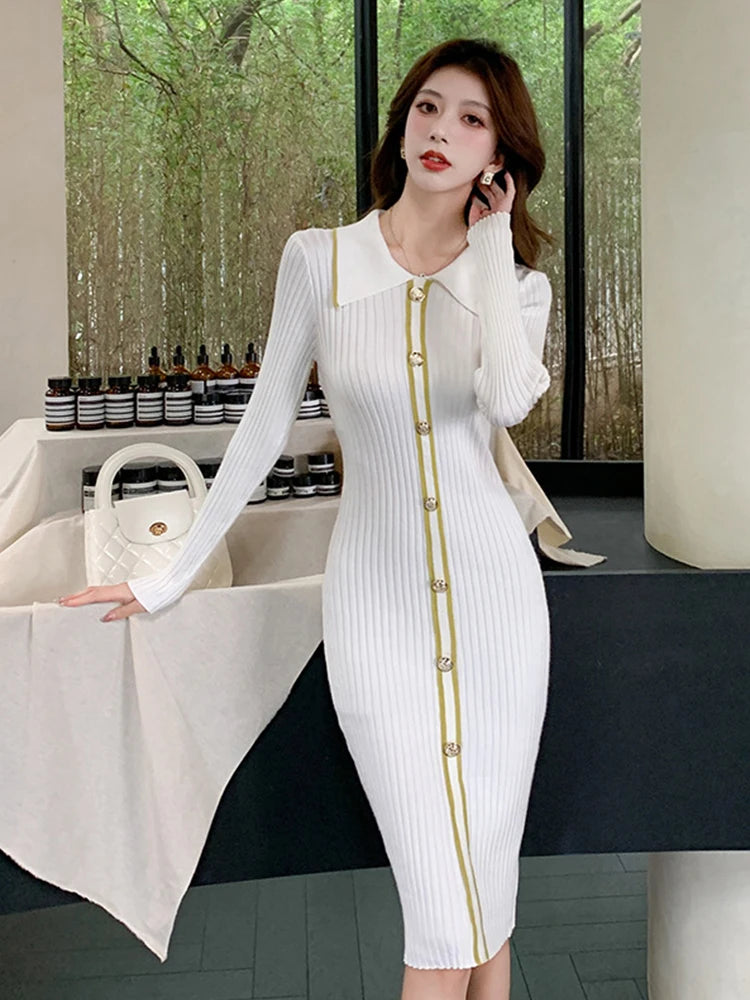 Autumn Winter Elegant Knitted Solid Basic Stretchy Dress Women Sweater  Casual Lapel Skinny Midi Robe Vestidos Street Clothes Autumn Winter Elegant Knitted Solid Basic Stretchy Dress Women Sweater  Casual Lapel Skinny Midi on Luulla