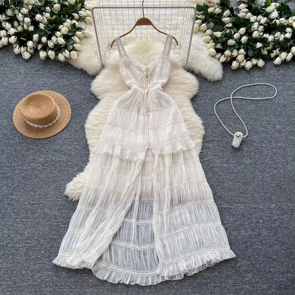 Bohemian Style White Ruffled Maxi Dress