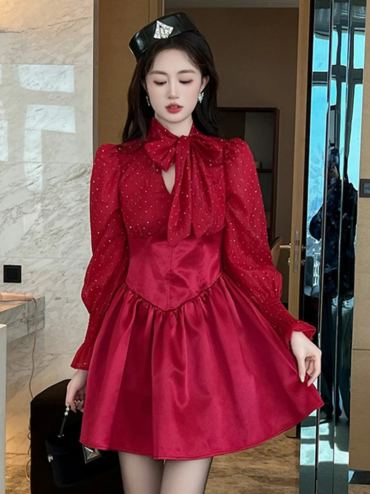 fitted lace wedding dress long sleeve skinny bow dress | little red