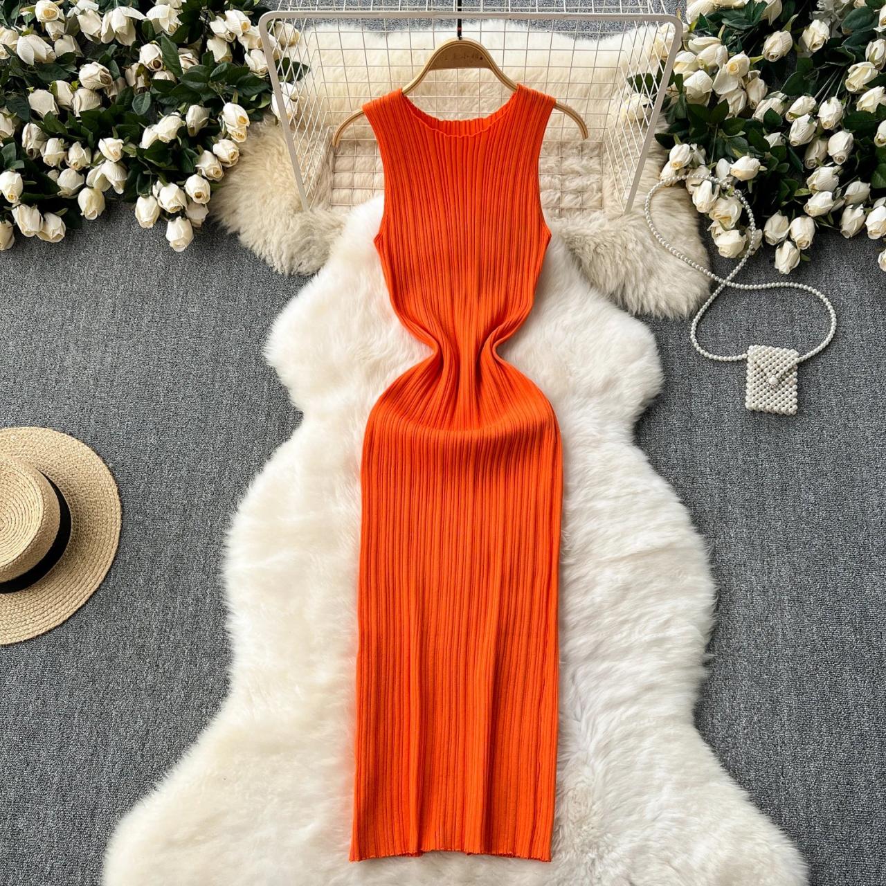 Sleeveless Rib-knit Orange Dress With Side Slit