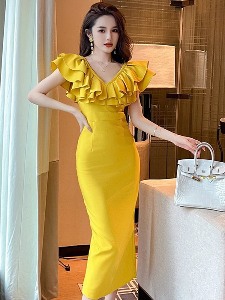 knee length dresses for ladies Butter Yellow A Line Midi Dress Yellow / Xs main image 1