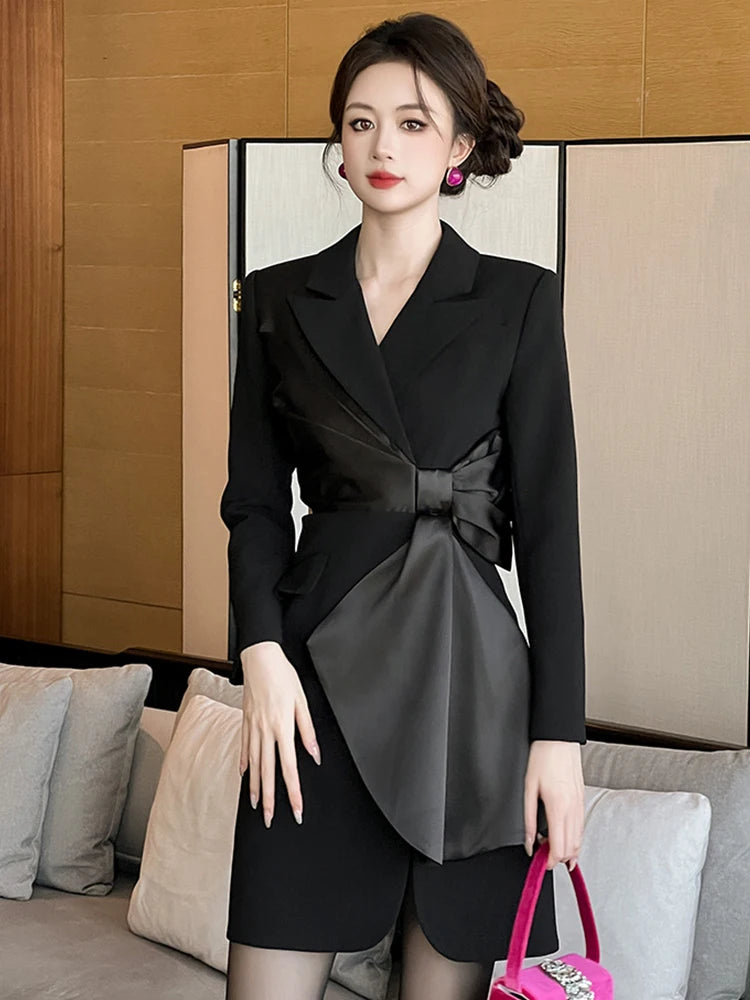 black satin blazer dress Women's Black Blazer Dress Satin V Neck Bow Embellished Mini Dress – SD  Dresscode & Fashiontrends main image 1