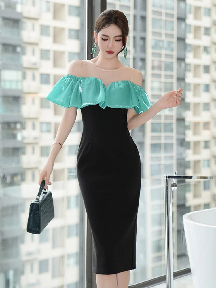 Off-shoulder Green Ruffle Black Midi Dress