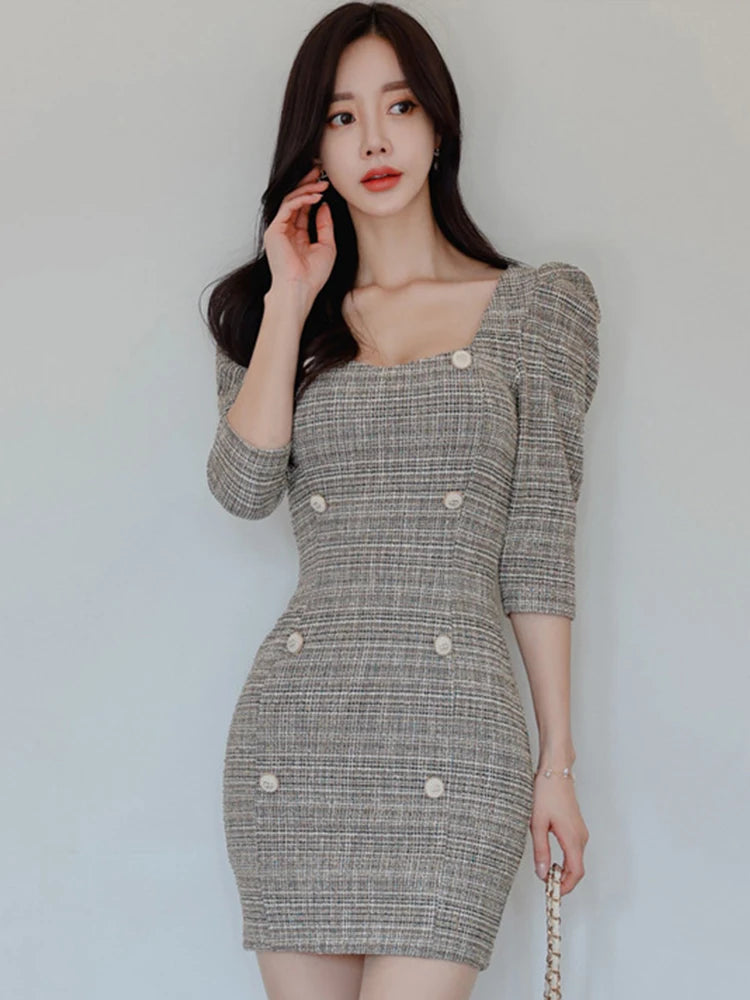 Timeless Puff Sleeve Plaid Buttoned Mini Dress