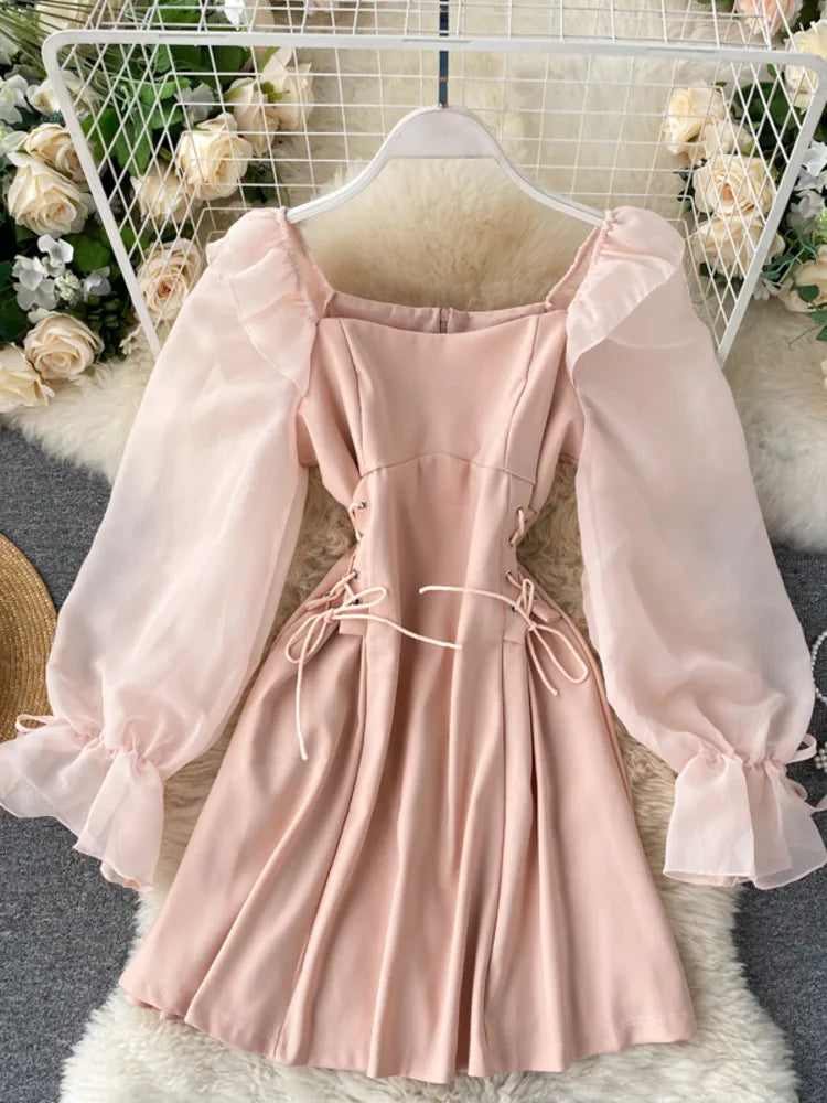 white christmas dresses Women's Calhoun Fit and Flare V-Neck Organza Midi Dress  XS/S/M/L/XL/Customize Pink/Beige – Happy Clothing main image 1