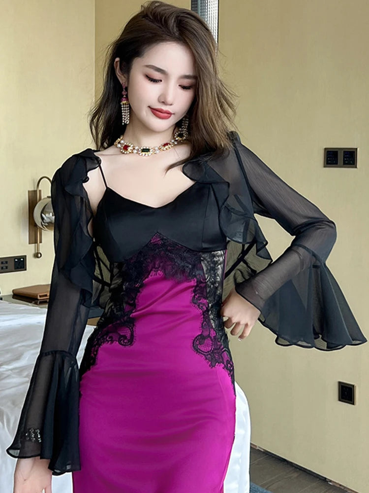black and pink dress combination Pink & Black Split Sweetheart Dress
