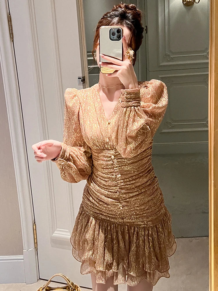 gold ruched dress with sleeves Gene Gold Ruched Off Shoulder Chiffon Dress XXS / 0