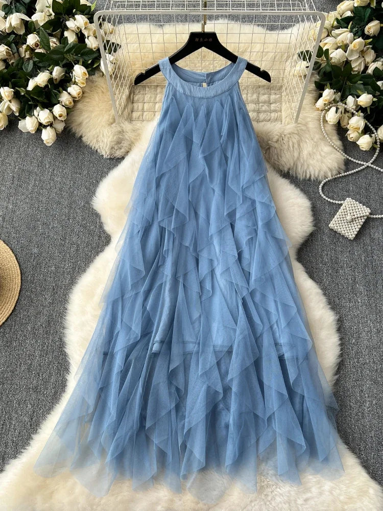 Layered Blue Sleeveless Tulle Maxi Dress