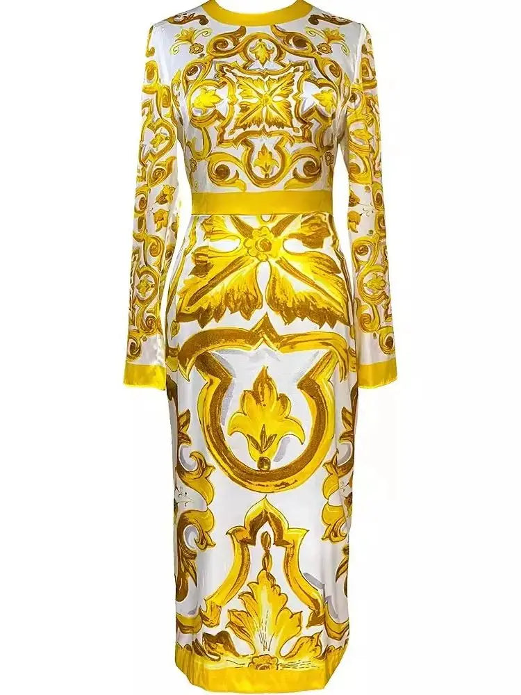 Golden Patterned Long-sleeve Bodycon Midi Dress