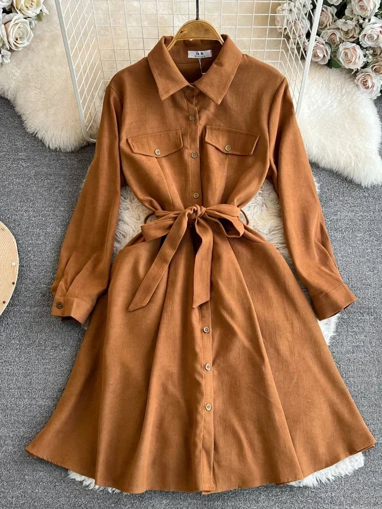 Button-Up Belted Long-Sleeve Brown Shirt Dress