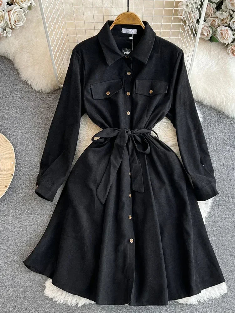 Button-up Belted Long-sleeve Brown Shirt Dress on Luulla