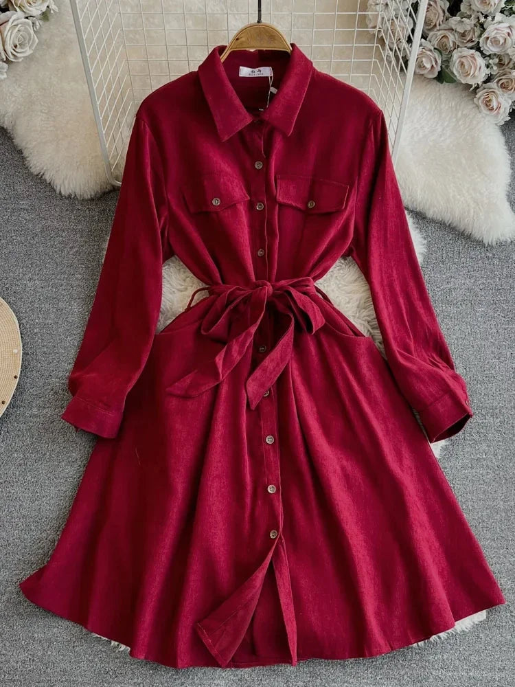 Button-up Belted Long-sleeve Brown Shirt Dress on Luulla