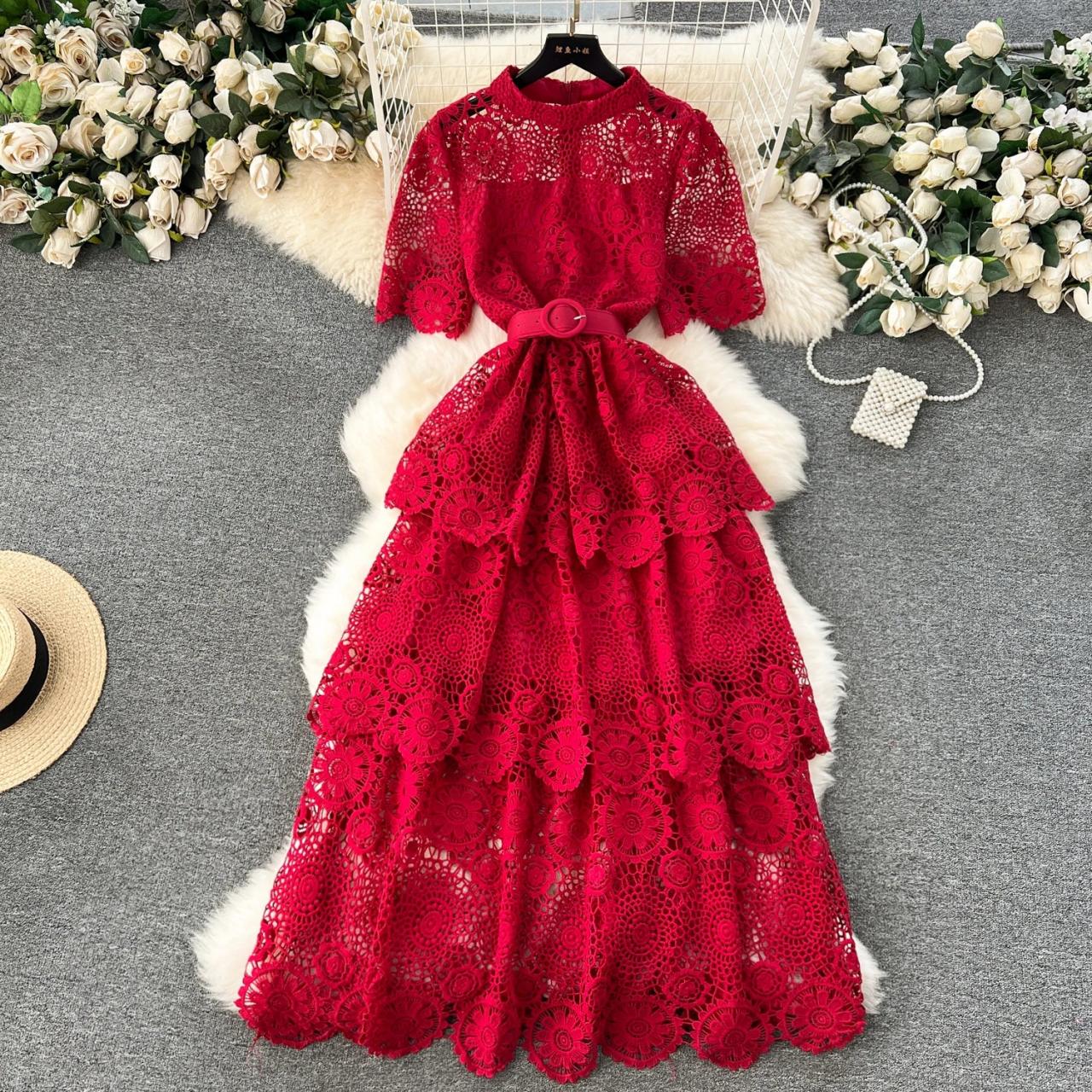 red lace tiered dress Red Lace One Sleeve Tiered Trumpet Tailor Made Prom Dress