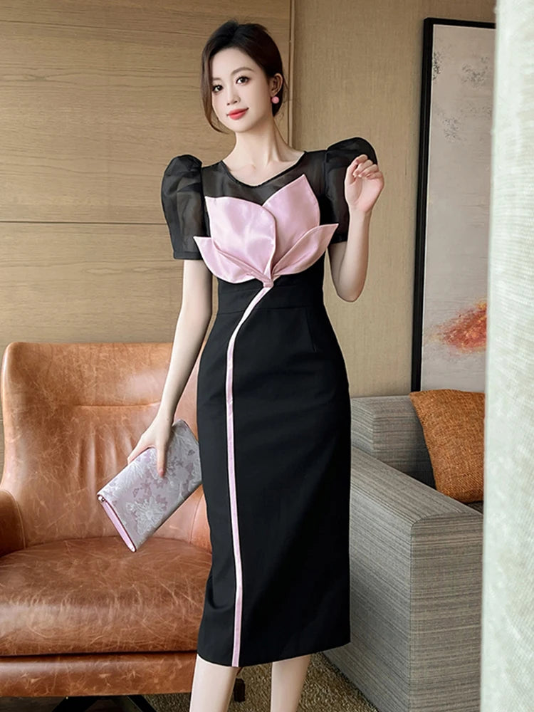 black dress with pink puff sleeves Elegant Black Gown With Puffy Pink Sleeves on Luulla
