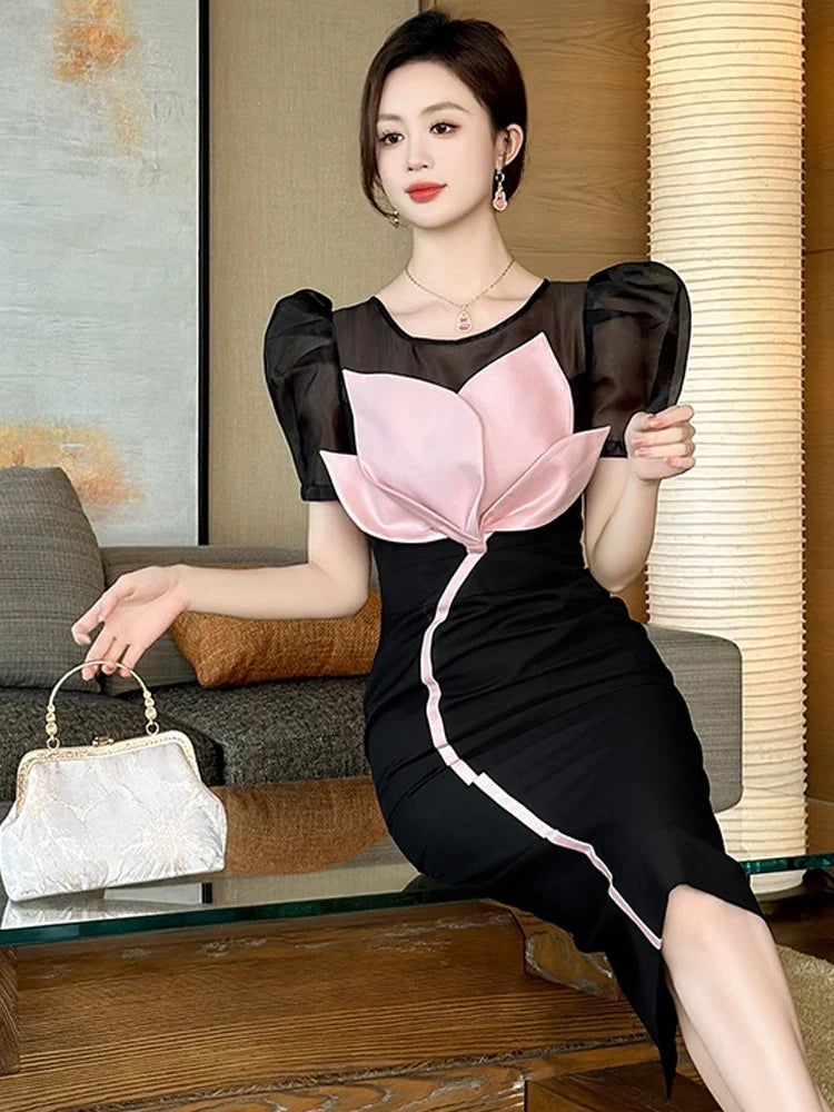 black dress with pink puff sleeves Elegant Black Gown With Puffy Pink Sleeves on Luulla