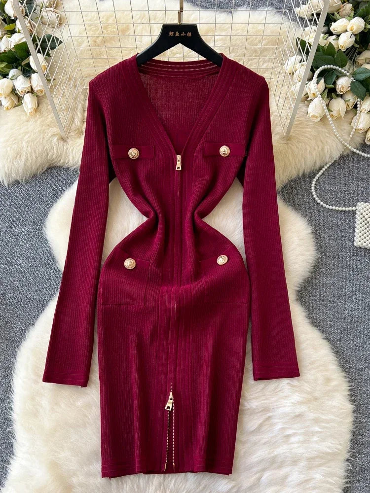 Maroon Bodycon Dress With Zipper And Buttons