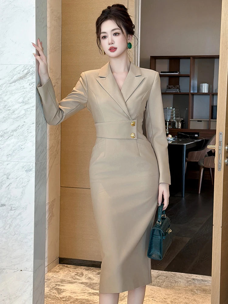 Womens Beige Long Sleeve Formal Blazer Dress on Luulla