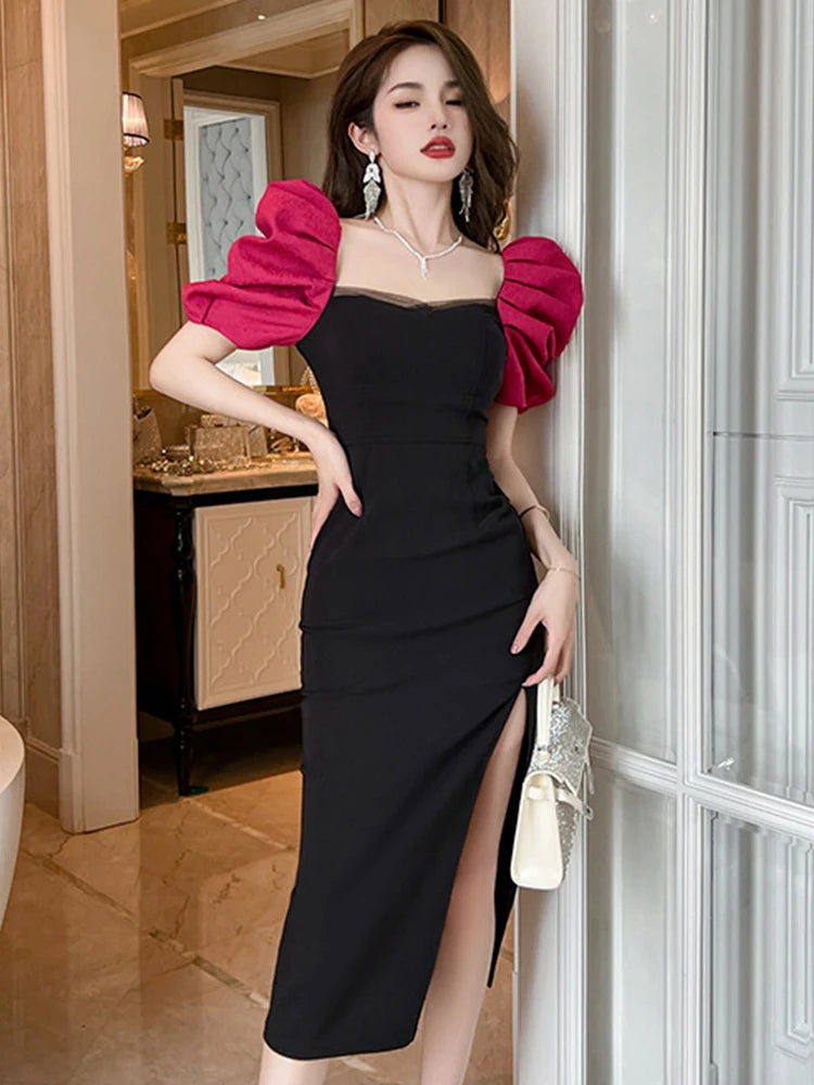 black dress with pink puff sleeves Black Dress With Pink Puff Sleeve Accents
