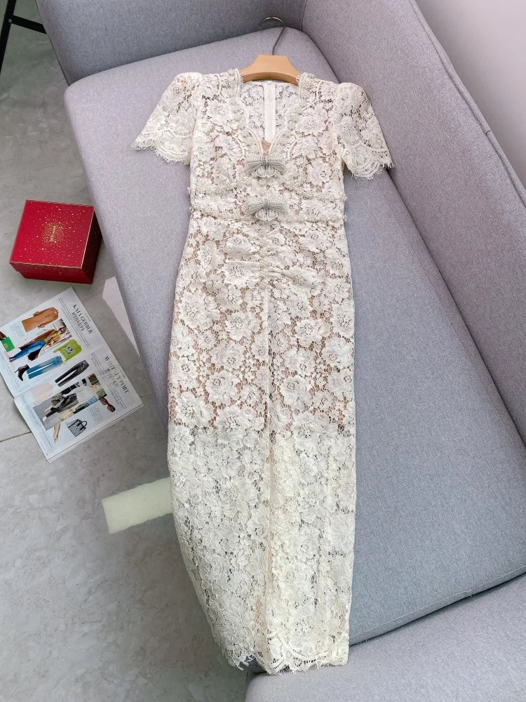 Ivory Lace Midi Dress With Floral Patterns