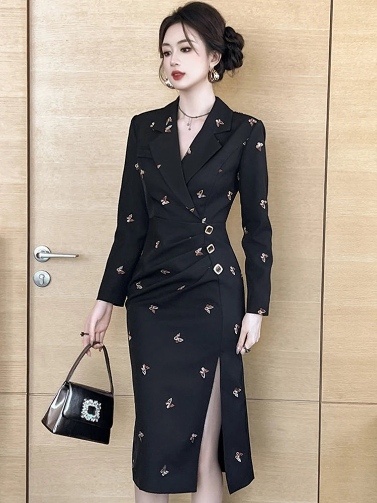 embroidered blazer dress Floral Embroidered Black Blazer Dress With Slit