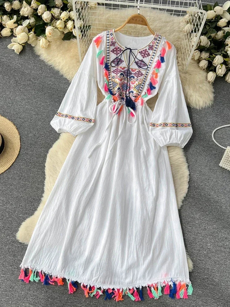 Bohemian Multicolor Tassel Embroidered Maxi Dress