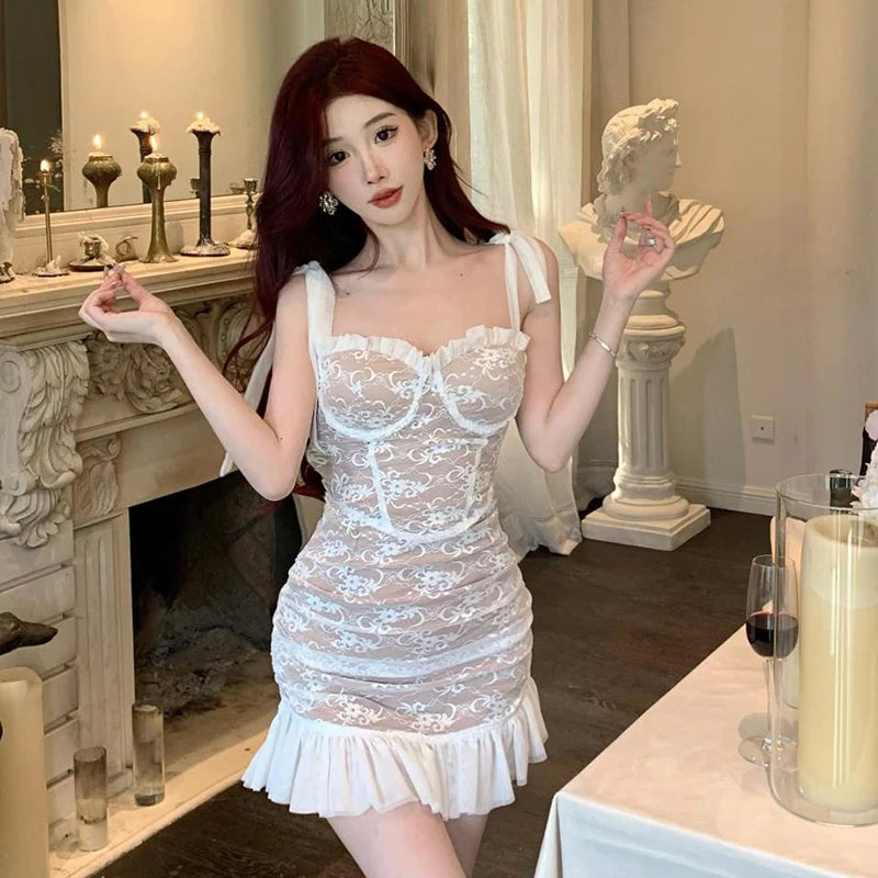 Lace Sheer White Mini Dress With Ruffle Trim on Luulla