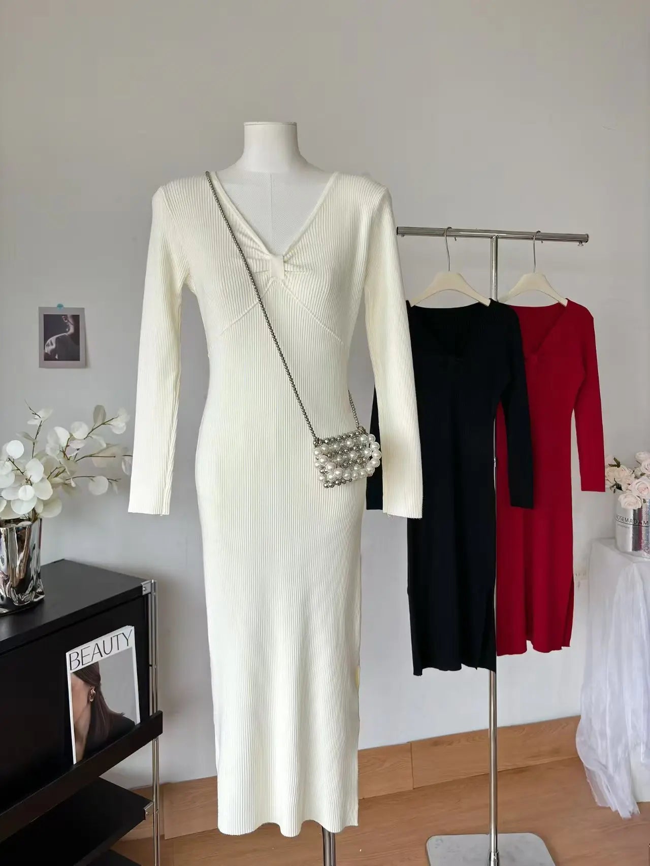 Long Sleeve Knit Dress With V-neck Detailing on Luulla