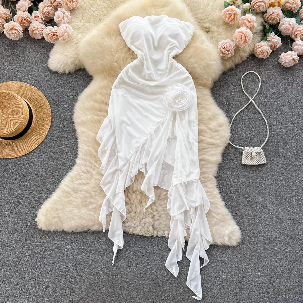Strapless White Dress With Floral Ruffle Design on Luulla