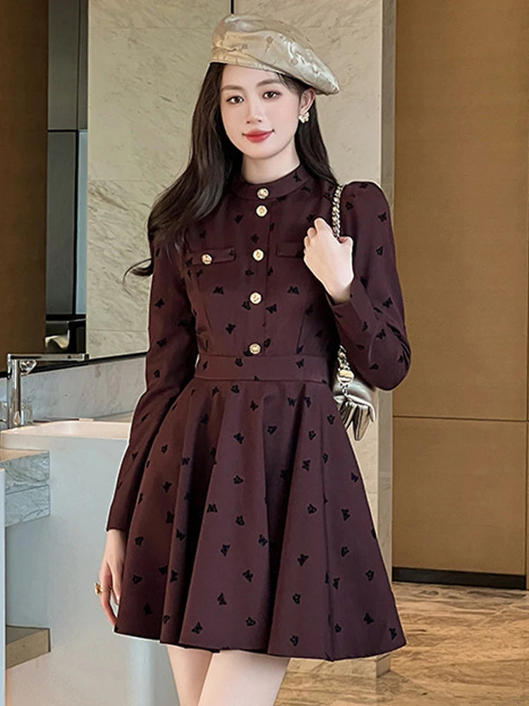 Women Clothes Vintage Stand Neck Slim Mini A-line Short Dress Elegant Ladies Formal Occasion Fashion Vestidos Casual Sweet