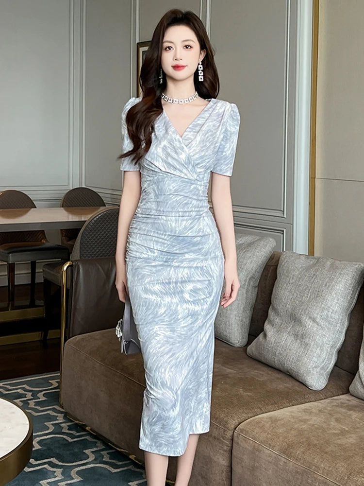 Retro Work Style Formal Print Stretchy Dress Women Elegant Office Casual V-Neck Skinny Midi Pencil Robe Vestidos Street Clothes