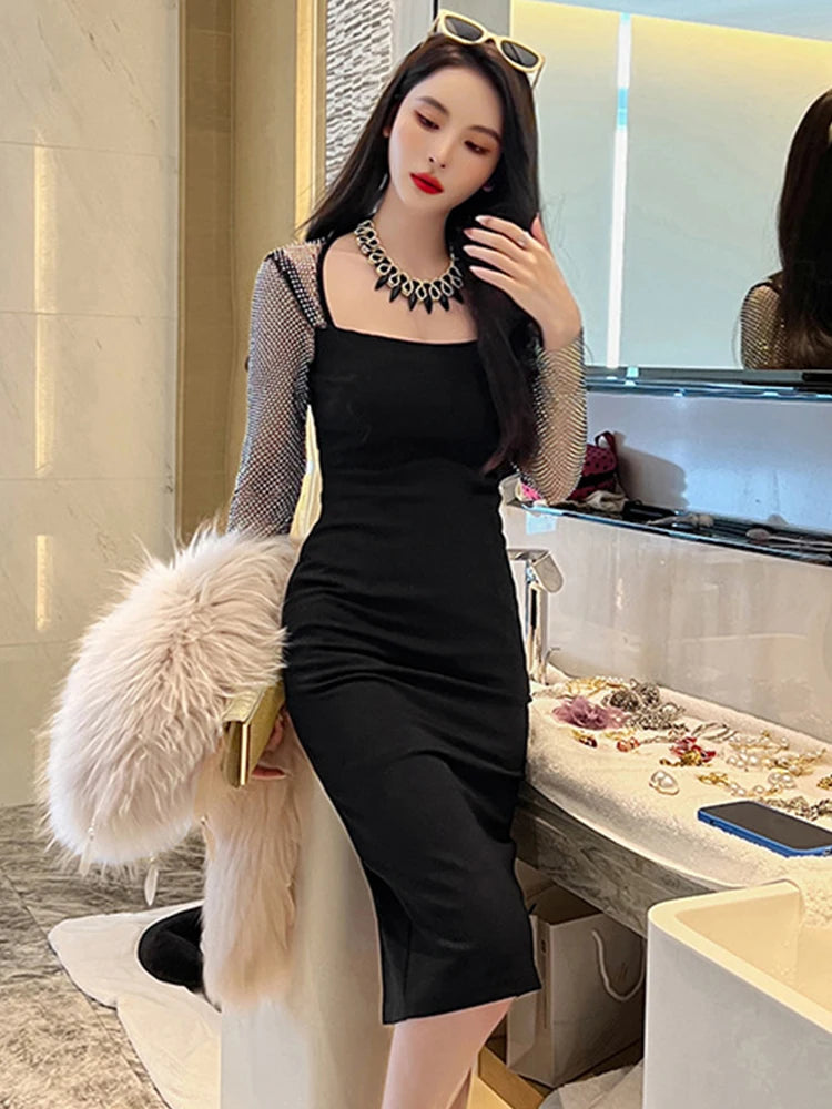 Black Sheer Sleeve Bodycon Dress With