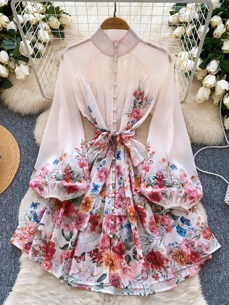 Floral Chiffon Dress with Bow Tie Waist