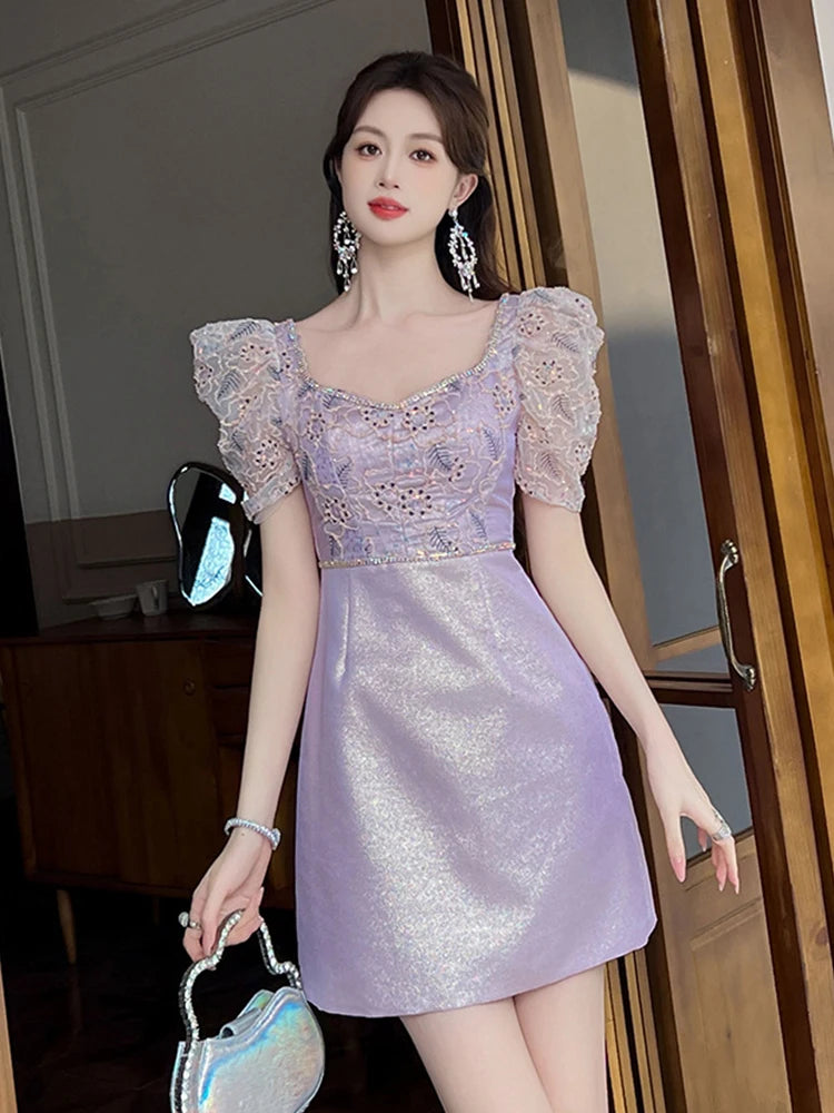 Lavender Dress with Lace Sleeves and Shimmer