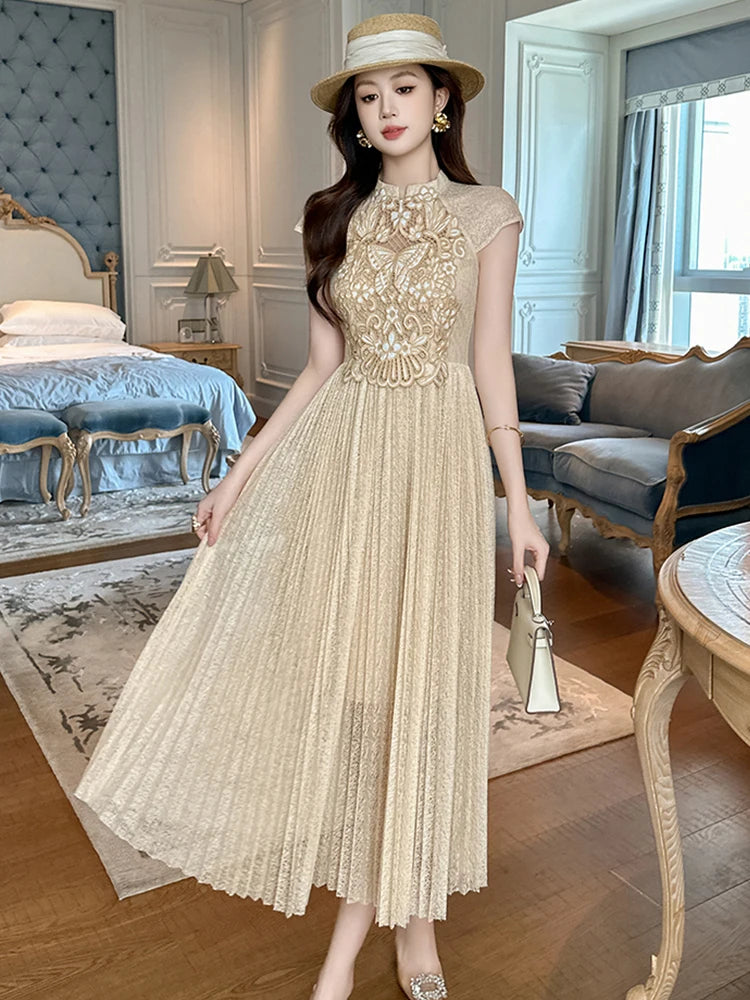 Lace Embroidered Pleated Dress With Cap Sleeves