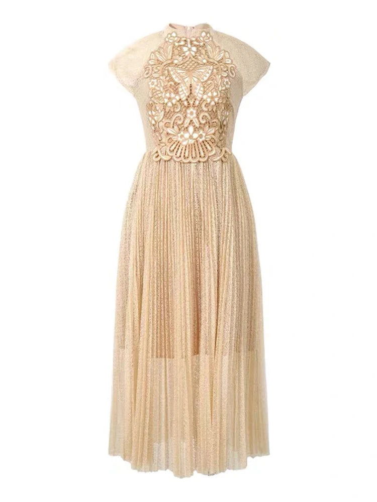 Lace Embroidered Pleated Dress With Cap Sleeves on Luulla